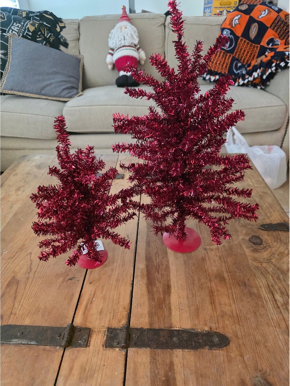 Set of 2 Red Tinsel Mini Christmas Trees with Red Bases